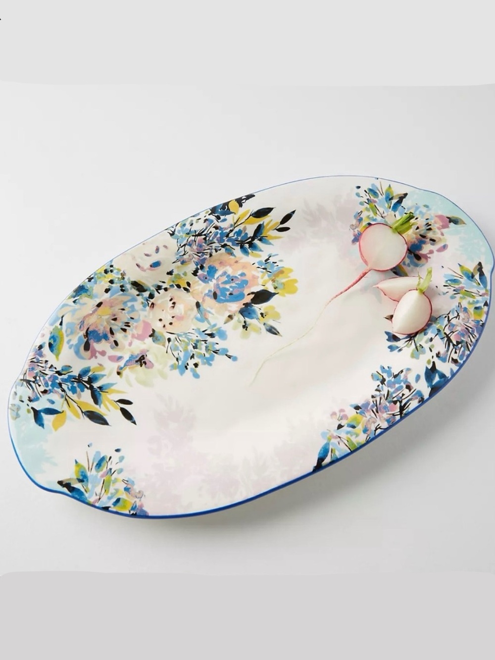 Anthropologie White Blue Gardenshire Floral Oval Serving Platter